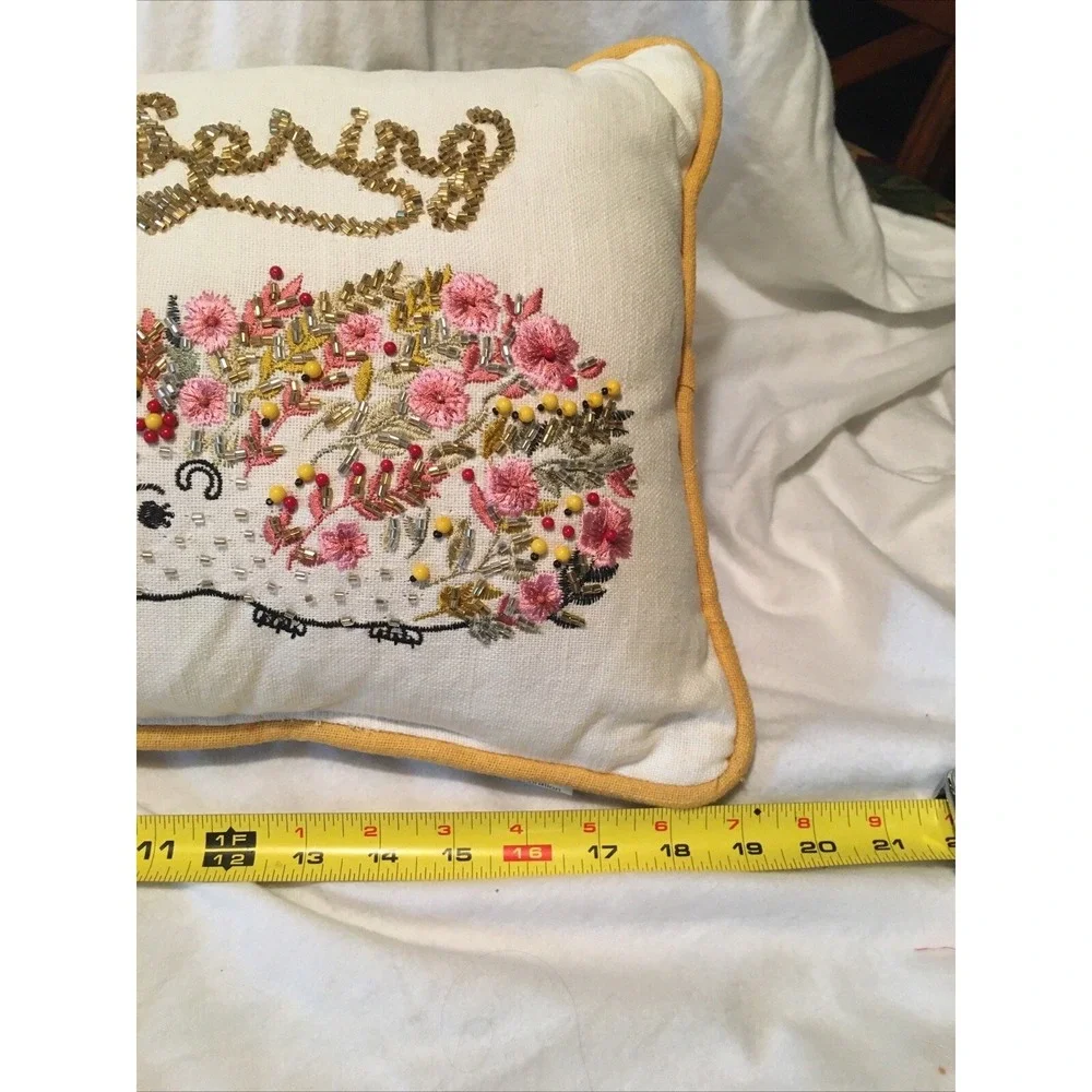 Happy Spring Beaded Floral Pillow Throw Decorative Garden Hedge Hogs